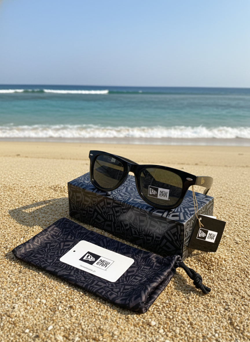 Wellington sunglasses with square lenses, glossy black frame, and