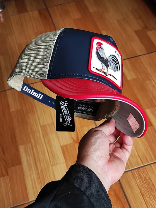 Gorra trucker azul marino y roja gallo Shleather Cock The Farm de Goorin Bros