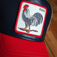 Gorra trucker azul marino y roja gallo Shleather Cock The Farm de Goorin Bros