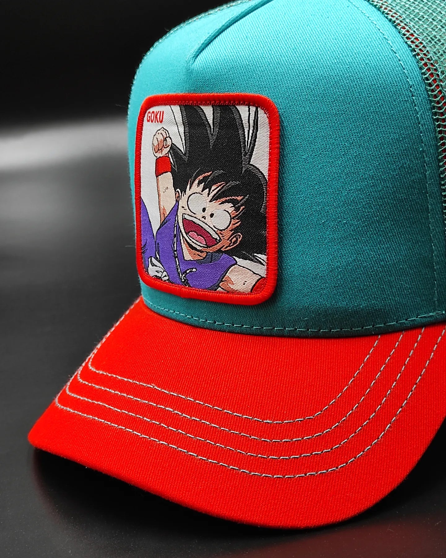 CAPSLAB Dragon Ball Goku teal/red trucker snapback hat