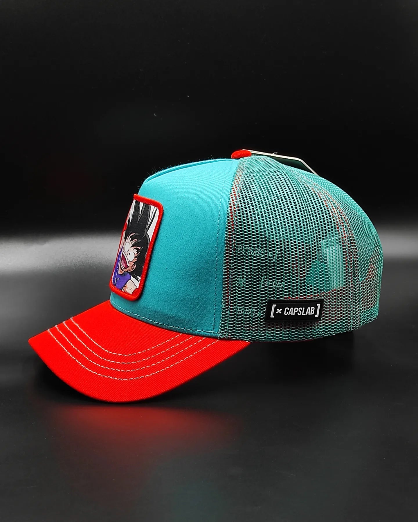 CAPSLAB Dragon Ball Goku teal/red trucker snapback hat