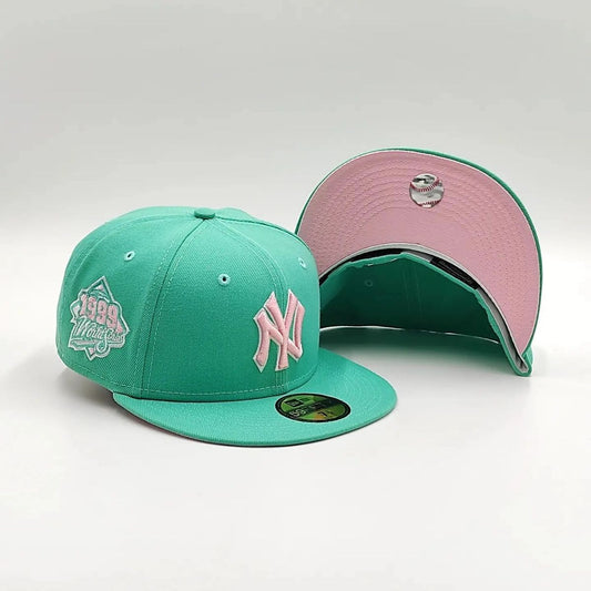 New York Yankees 1999 WORLD SERIES Exclusive New Era 59Fifty Fitted Hat - Teal/Pink Bottom
